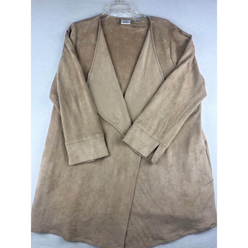Gretchen Scott Tan Faux Suede Open Front Draped Cardigan Jacket Goddess Sz L
